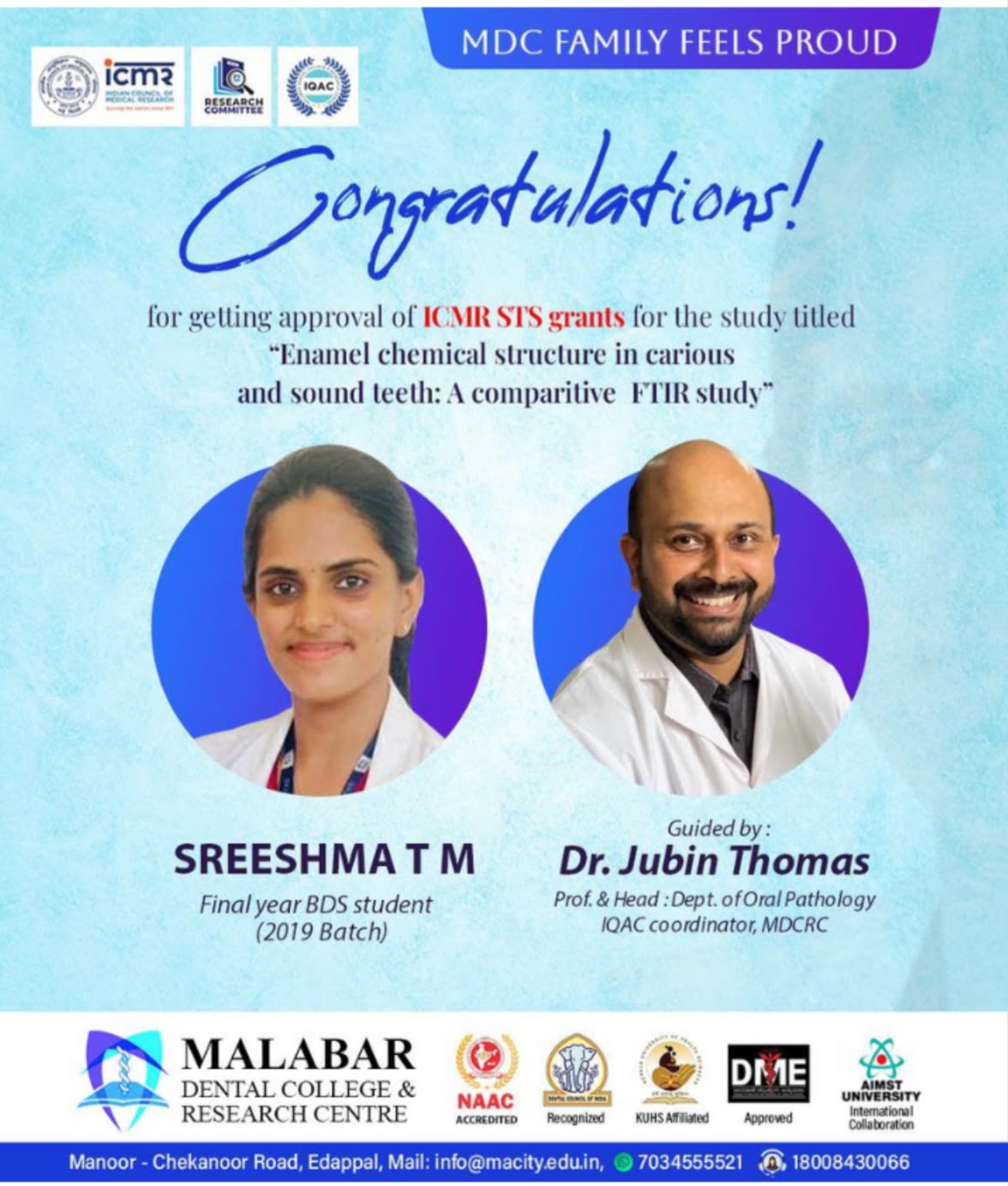 ICMR STS Grant approval - Enamel chemical structure in carious and sound teeth comparative FTIR study