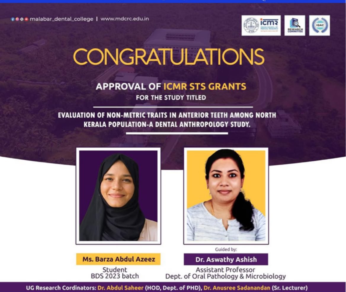 ICMR STS Grant approval - Evaluation of non-metric traits in anterior teeth among North Kerala population